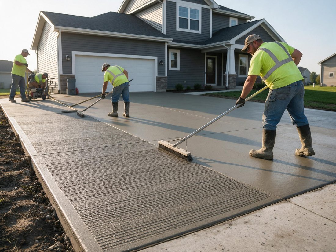 Workers in yellow safety vests broom-finishing a new concrete driveway beside a gray house, in Coralville, IA