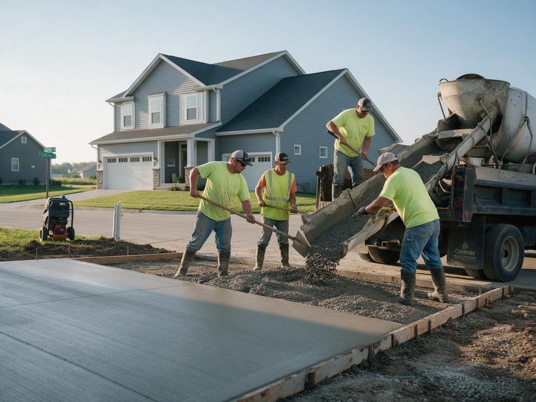 Workers spreading concrete from a mixer truck chute into a formed slab next to a gray house, in Coralville, IA