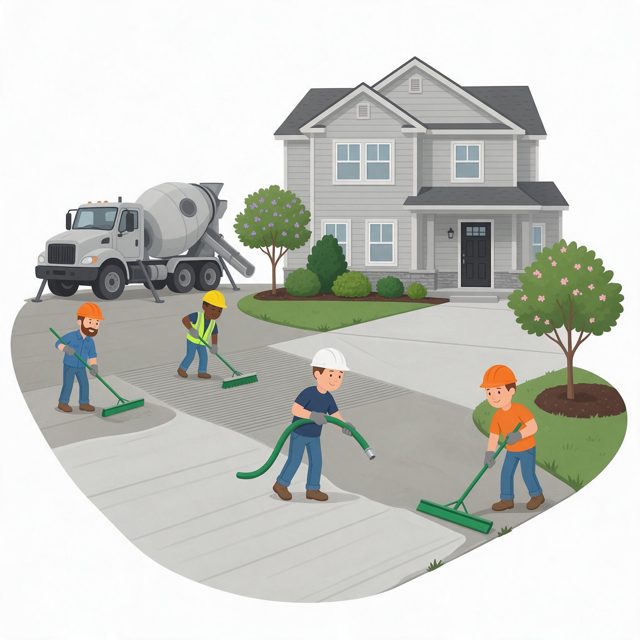 Illustration of workers spreading concrete with a hose and brooms in front of a gray house and a mixer truck, for a home in Coralville, IA